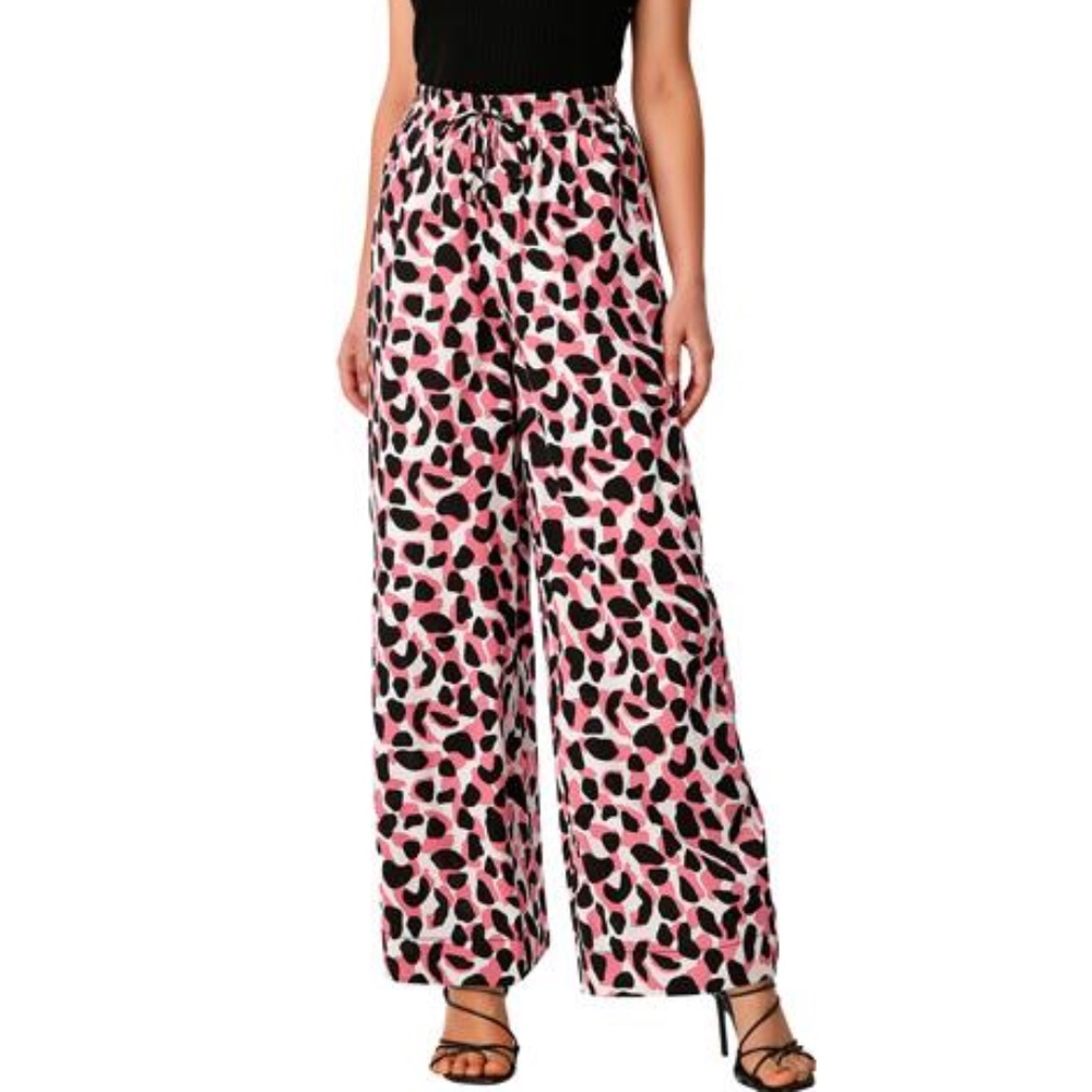 NWOT eShakti Zapelle Wide Leg Palazzo Pants in Pink White Black Animal Print
